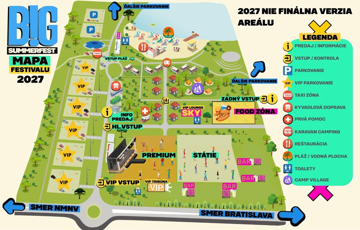 BIG SUMMER FEST 2027 festival map – car parks, VIP parking, main and VIP entrance, stage, PREMIUM and standing area, VIP grandstand, VIP lounge SKY, food zone, caravan camping, camp village, beach and shuttle bus