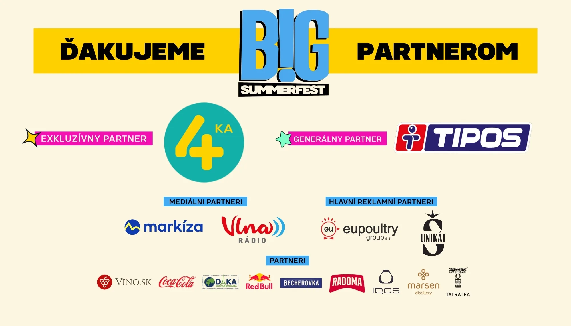 Thank you to the partners of BIG SUMMER FEST 2026 – exclusive partner 4ka, general partner TIPOS, media partners Markíza and Rádio Vlna, main advertising partners Eupoultry group and Unikát, partners Vino.sk, Coca-Cola, DAKA travel agency, Red Bull, Becherovka, Radoma, IQOS, Marsen distillery and Tatratea