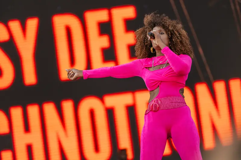 Singer in pink on the main stage